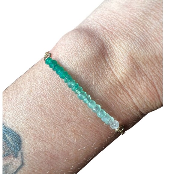 Ombre Emerald Beaded Curved Bar Gold Fill Necklace and Bracelet Set May Birthday - Picture 3 of 16